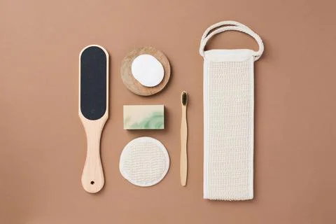 Top view of bathroom tools and organic cosmetic products Stock Photos