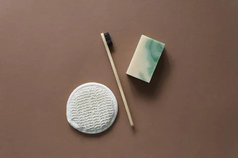 Top view of bathroom tools and organic cosmetic products Stock Photos