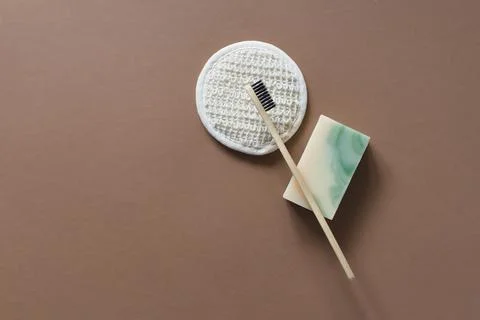 Top view of bathroom tools and organic cosmetic products Stock Photos