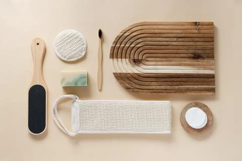 Top view of bathroom tools and organic cosmetic products Stock Photos