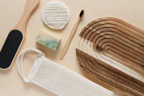 Top view of bathroom tools and organic cosmetic products Stock Photos