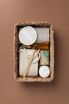 Top view of bathroom tools and organic cosmetic products Stock Photos