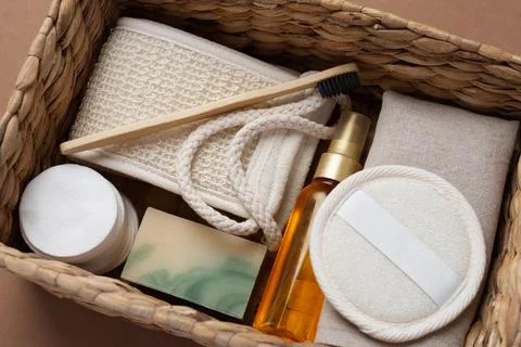 Top view of bathroom tools and organic cosmetic products Stock Photos