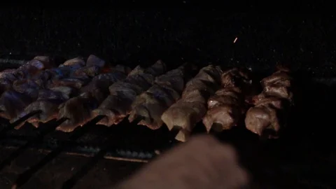 Top view BBQ. Top view of traditional serving dishes. Meat, vegetables. Plate Video stock 121580652