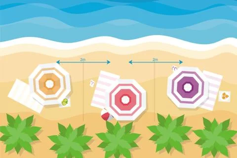 Top view beach background with social distancing umbrellas, view of summer beach Stock Illustration