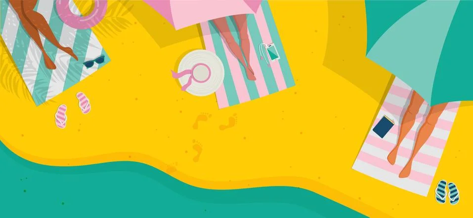 Top view beach background, Summer water activities. Women relaxing at the beach Stock Illustration