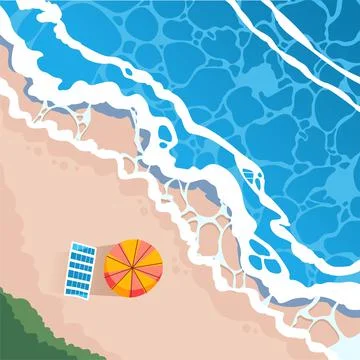 Top view of the beach with beach mats and umbrellas, waves reaching the beach Stock Illustration
