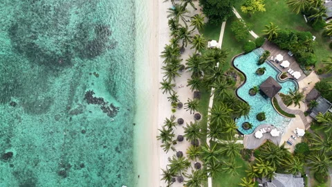 Top view of beach resort with pool, palm trees, and coral reef. Stock Footage 314507395