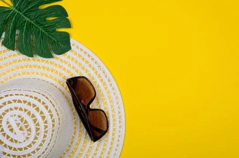 Top view of beach summer accessories with copy space. Summer background. Flat Stock Photos