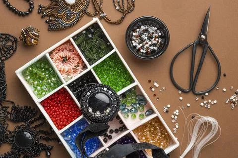 Top view bead working essentials High resolution photo Stock Photos