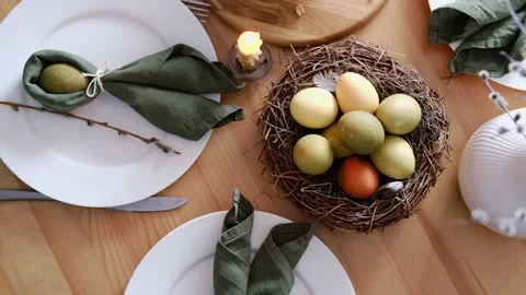 Top view of beautiful Easter table with pastries, willow branches, eggs and Stock Footage 233156530