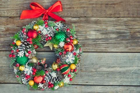 Top view Beautiful hand made traditional bright Christmas wreath decorated wi Stock Photos