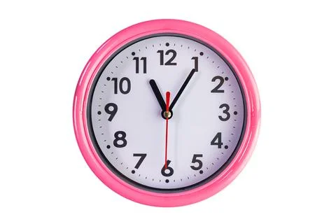 Top view of beautiful wall clock with pink edge isolated on white background. Stock Photos