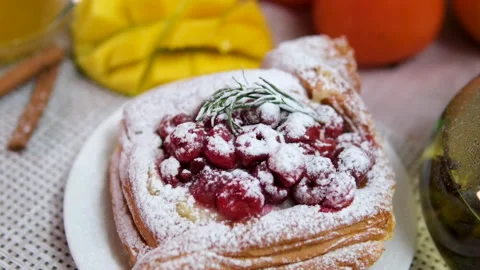 Top view of a beautifully decorated raspberry tart with creamy filling, fresh Stock Footage 295953968