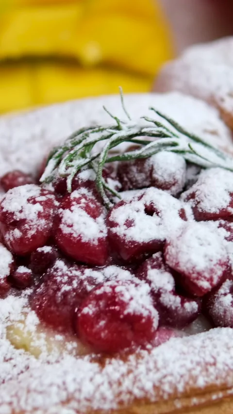 Top view of a beautifully decorated raspberry tart with creamy filling, fresh Stock Footage 296089011