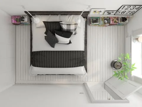 Top view Bedroom interior design 3D rendering Stock Illustration