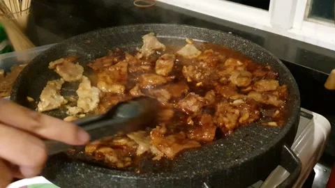 Top view of beef grill with barbeque sauce, cooking food Stock Footage 146631774