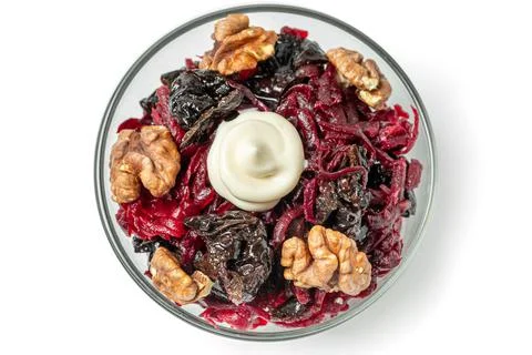 Top view, beetroot salad with walnuts and prunes Stock Photos