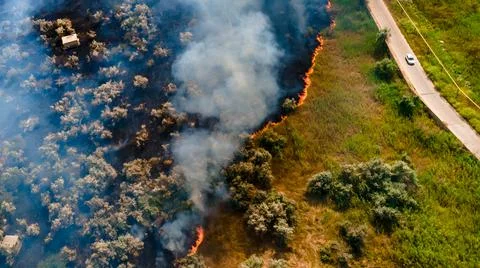 Top view at the beginning of the fire in a grassy field near the road Stock Photos