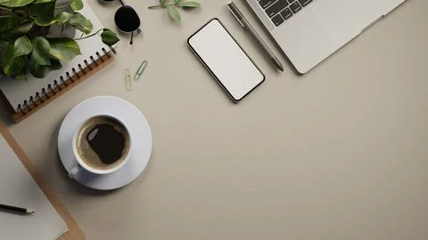 Top view of beige desk with blank smartphone, coffee cup, laptop, plant not.. Stock Illustration
