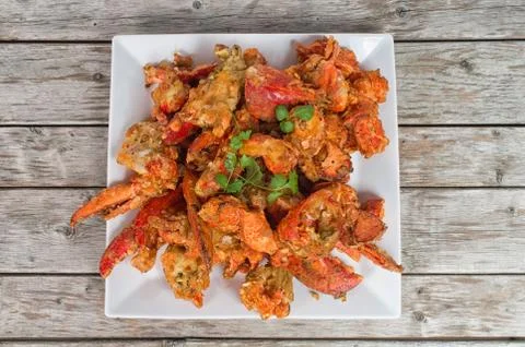 Top view big dish of Deep fried Canadian lobsters Chinese salt and pepper sty Stock Photos