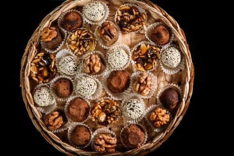 Top view on big handmade box filled with assorted healthy useful handmade can Foto stock