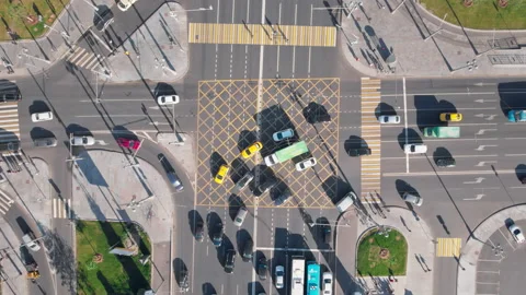 Top view to a big road junction in Moscow with a lot of traffic. Stock Footage 159360766