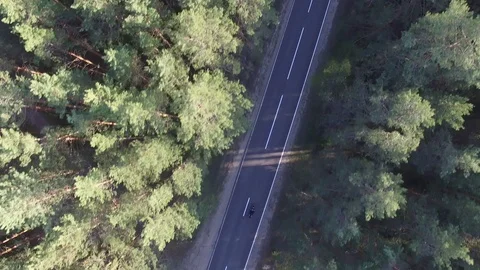 Top view of a biker riding a forest road, drone shot Stock Footage 107657031