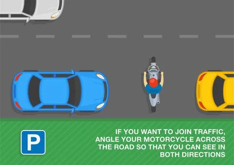 Top view of a biker standing between two parked cars. Angle moto across the road Stock Illustration