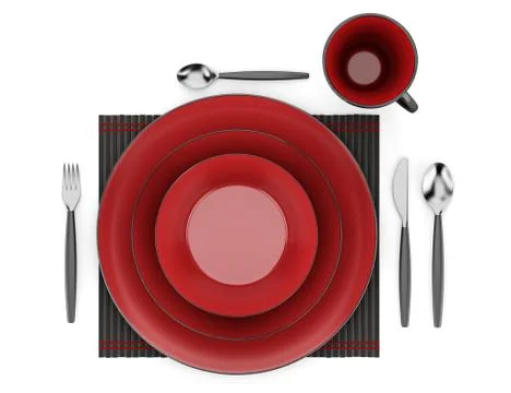 Top view of black and red table setting with cup isolated on white background Stock Illustration