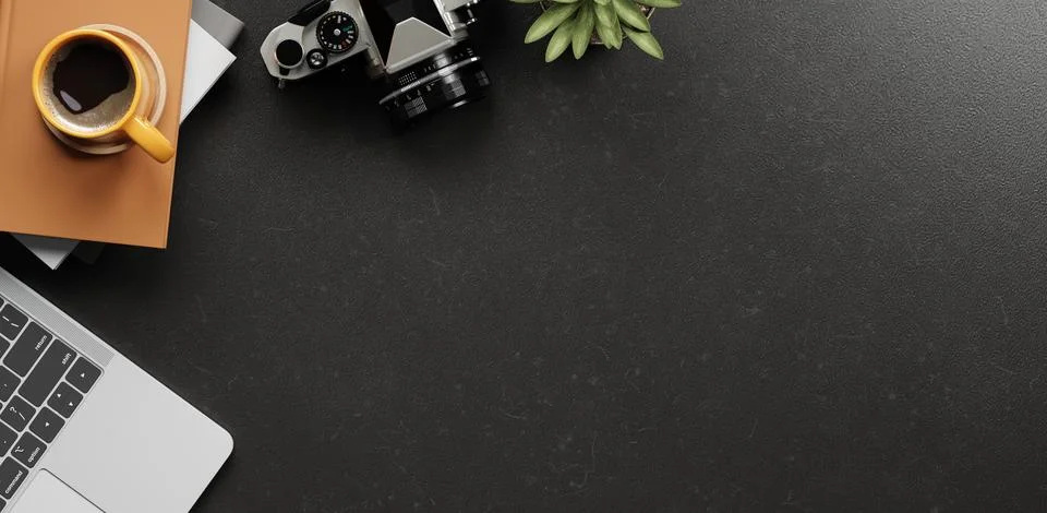 Top view of black desk with coffee cup on books, camera, potted plant and l.. Stock Illustration