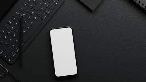 Top view of black desk surface with blank screen smartphone, tablet keyboar.. Stock Illustration