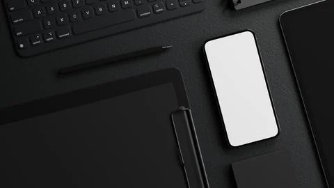 Top view of black desk surface with blank screen smartphone, keyboard, tabl.. Stock Illustration