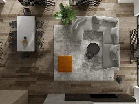 Top view Black minimalist Interior of modern living room 3D rendering Ilustração Stock
