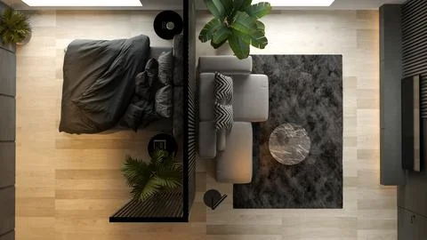 Top view Black minimalist Interior of modern living room 3D rendering Stock Illustration
