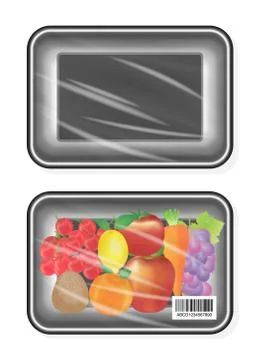 Top view of Black polystyrene packaging mockup with fruite inside Stock Illustration