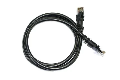 Top view black RJ45 computer network connecting cable on white background 스톡 사진