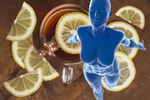 Top view of black tea with lemon in cup on wooden plank table. and athletic イラスト素材