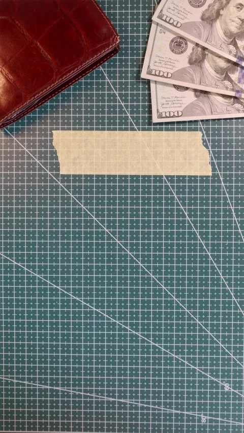 Top view of blank masking tape mockup with hundred dollar bills and wallet. Stock Footage 338183563