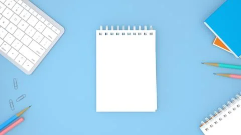 Top view of blank note paper with pen on blue background. Back to school an.. Stock Illustration