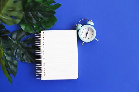 Top view of blank note paper, alarm clock and monstera leaf on blue backgroun 스톡 사진