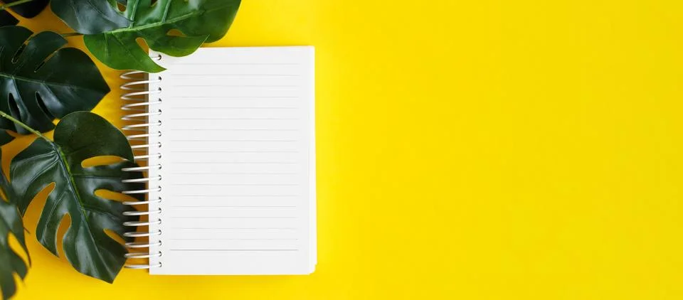 Top view of blank note paper and monstera leaf on yellow background Stock Photos