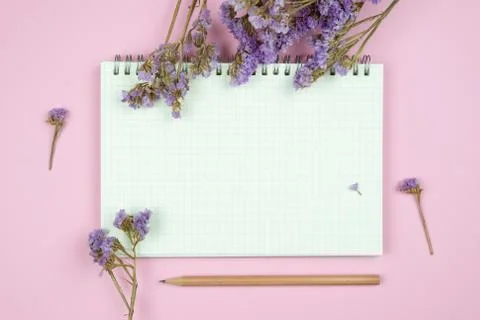 Top view of blank notebook and flower on pink background Stock Photos