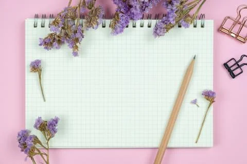 Top view of blank notebook and flower on pink background Stock Photos