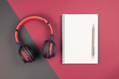 Top view of blank notebook with pen and headphone Stock Photos