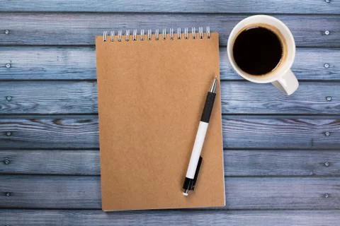 Top view of blank open notebook paper on background, office equipment, school Stock Photos