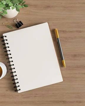 Top view of blank page of diary notebook with pen and binder paper clips an.. 스톡 일러스트