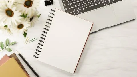 Top view of blank page notebook on laptop with book and pencil aside flower.. 스톡 일러스트