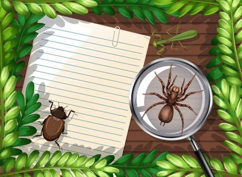 Top view of blank paper on table with leaves and insects elements Stock Illustration