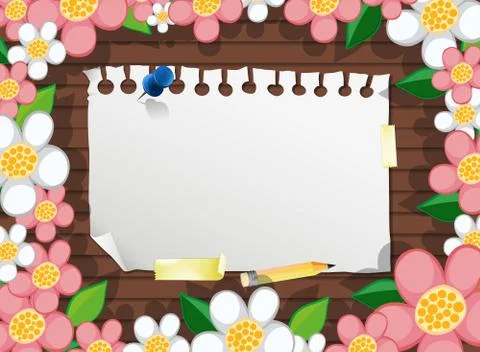 Top view of blank paper on table with leaves and pink white flower elements Illustrazione stock